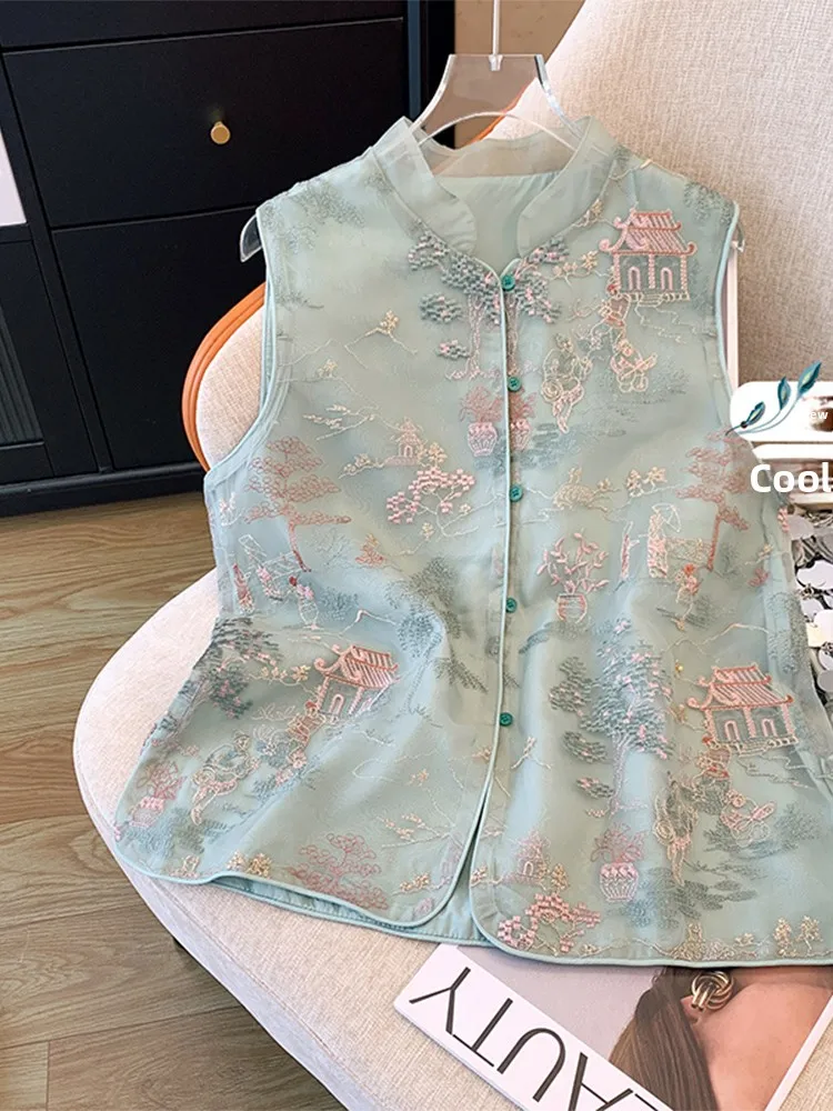 

Новая китайская майка с тяжелой вышивкой, женская летняя дизайнерская майка Sensation, национальный тренд, улучшенный костюм Тан, европейский организационный...