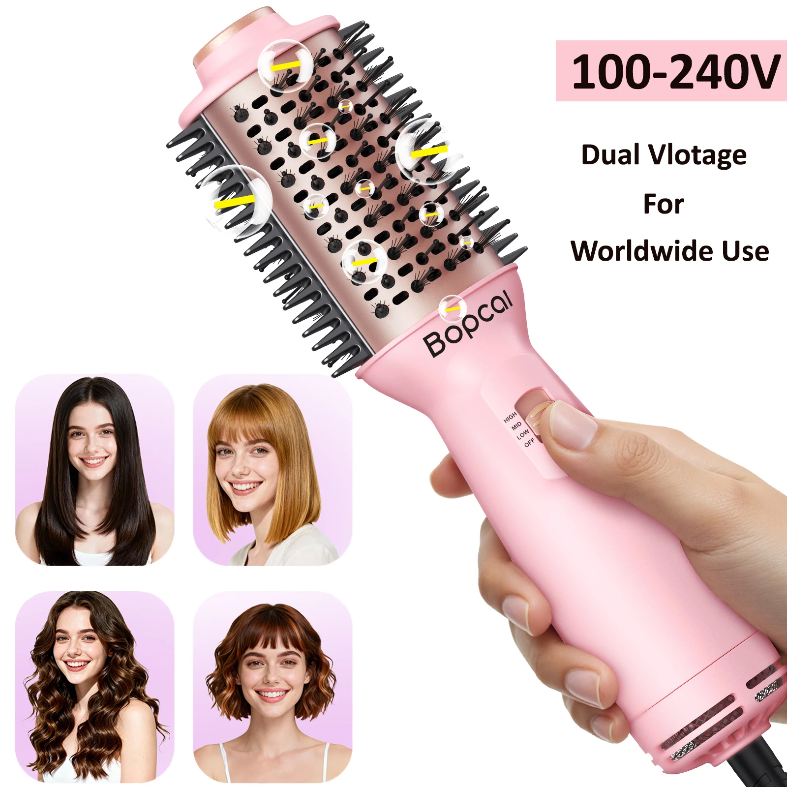BOPCAL Heißluftbürste, 100-240V, All-in-One-Haartrockner und Volumizer-Styler, Heißluftkamm mit negativen Ionen, Haartrockner für unterwegs