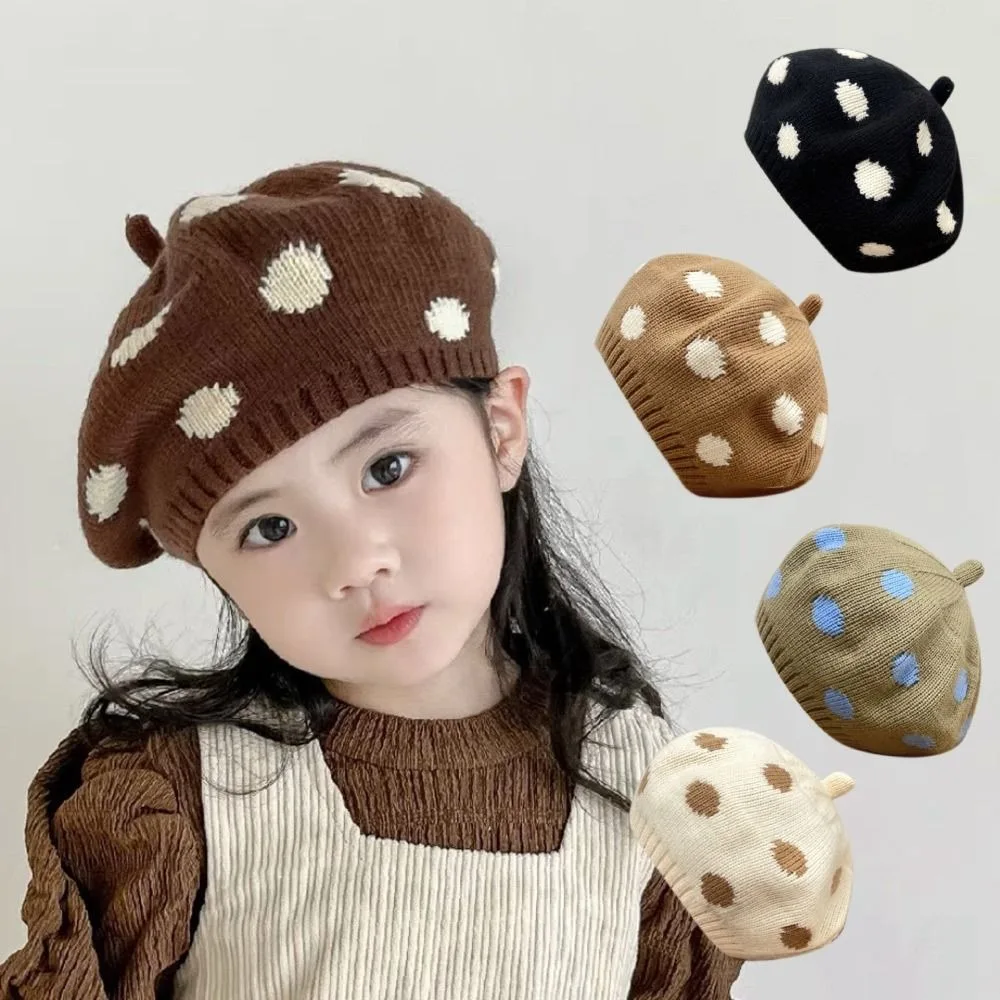 Wind Resistant Polka Dot Beret Stretchy Fabric Round Shape Wool Beret Casual Warm Knit Knitted Beret Photo Prop