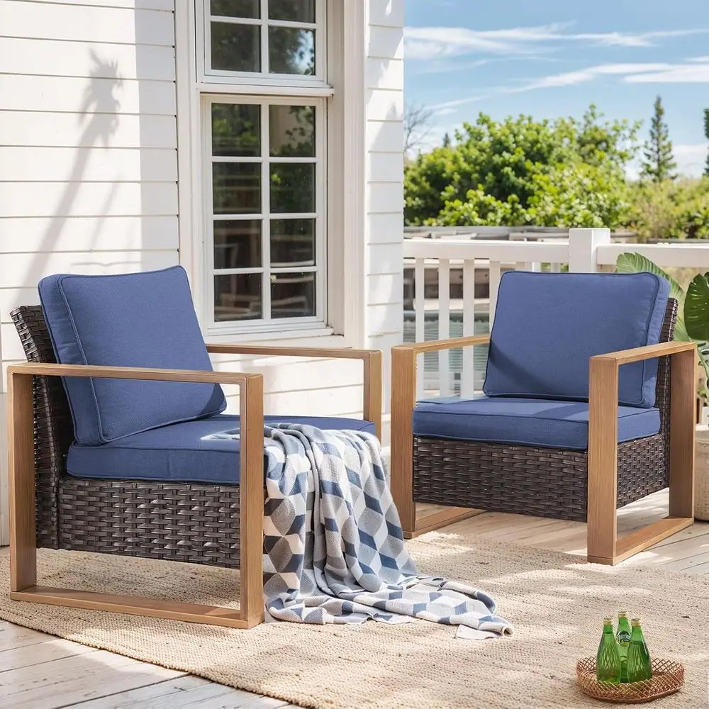 

2-Piece High Back Rattan Wicker Patio Chairs - Outdoor Deck Garden Balcony Poolside, Brown/Blue