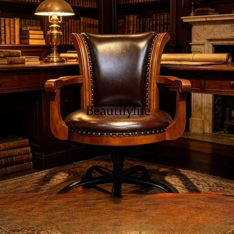 American solid wood computer chair home learning rotatable leather office chair study leather book chair