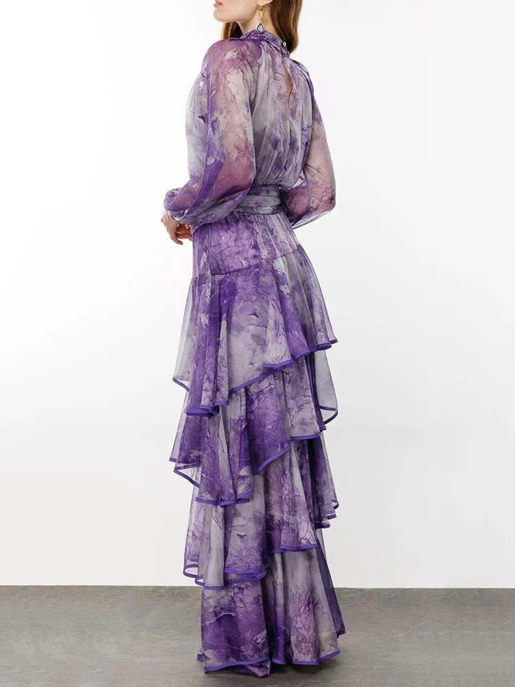 Retro-Kleid mit geometrischem Druck, Perlen, Rundhalsausschnitt und hoher Taille, 2025, Herbst-Damenmode, lockeres, mehrschichtiges, gerüschtes, bauschiges Kleid