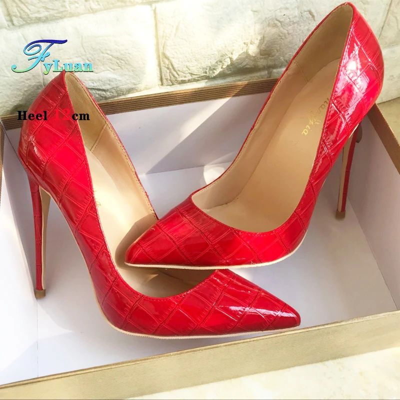 

12CM High Heels Alligator Pattern Fashion Pointed Toe Shallow Mother Women Shoes 8CM 10CM Red Office Work Pumps Plus Size 34-46