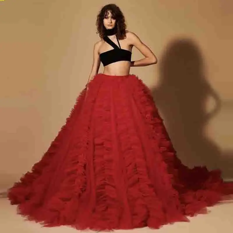 

red ball gown tulle Skirts Girls Birthday Party Puffy ruffles Skirt Women Wedding Guest Prom Party Formal Wear Sweep Train Saias