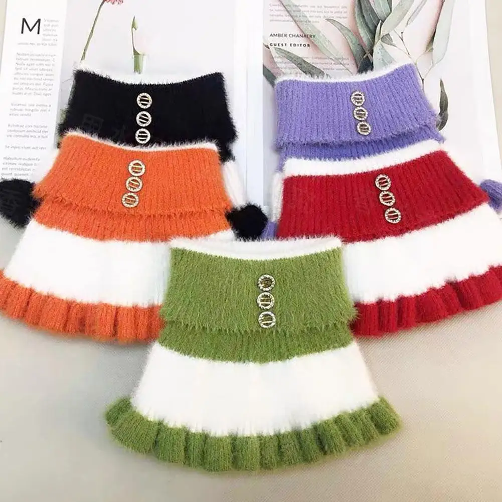 Striped Knit Mock Turtleneck Collar Thickened Winter Neck Warmer with Faux Fur Ruffle for Women Fashionable Scarf