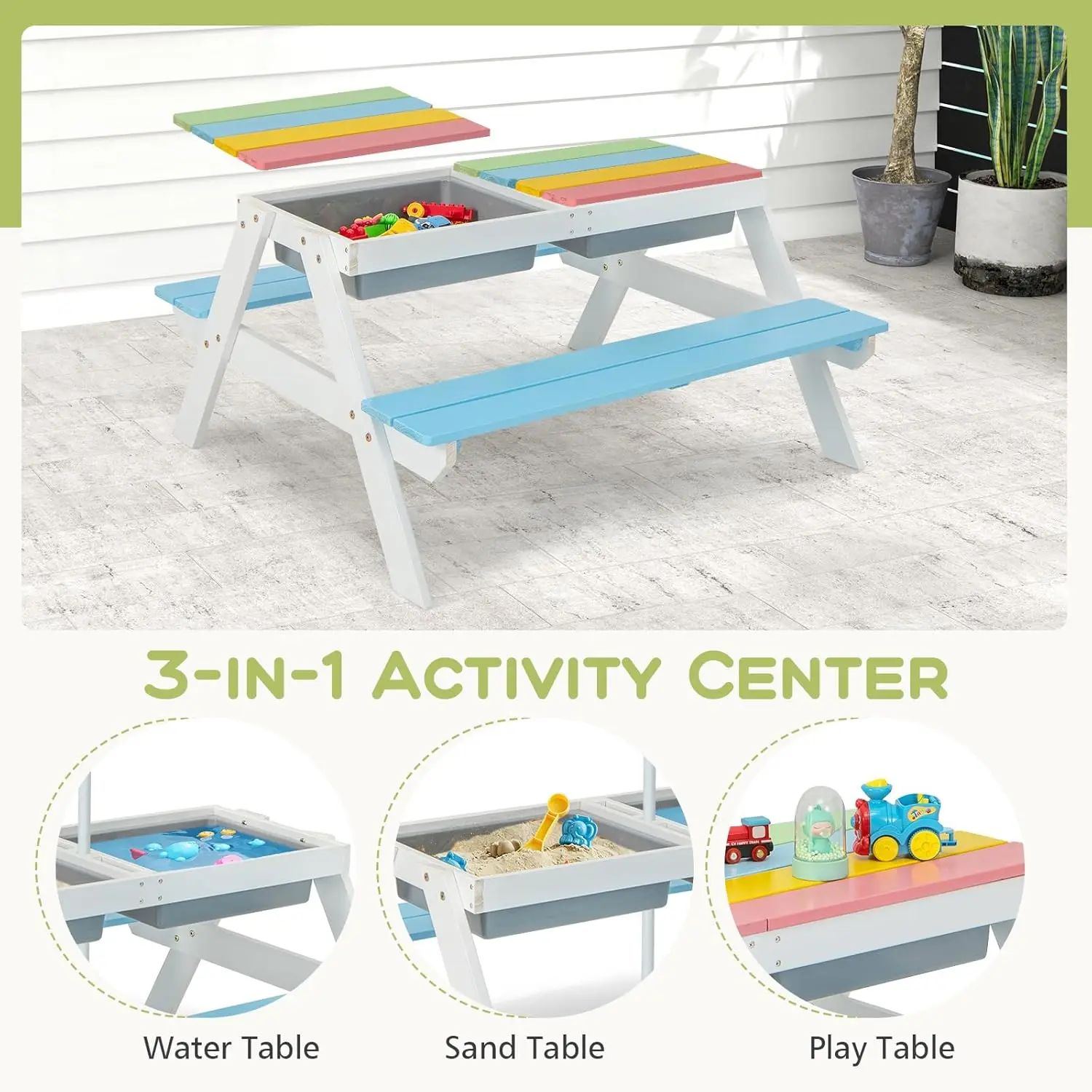 Mesa de Picnic 4 en 1 para niños pequeños, juego de mesa y silla de madera para agua y arena, con paraguas extraíble, actividades para niños Furni