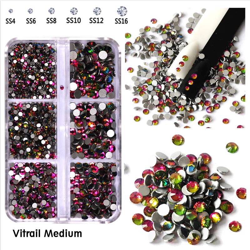 

6Girds Box Rhinestones SS4-SS16 VM Color Non Hotfix Glass Glitter Flatback Design Decorations Beauty Accessories For Nail Art