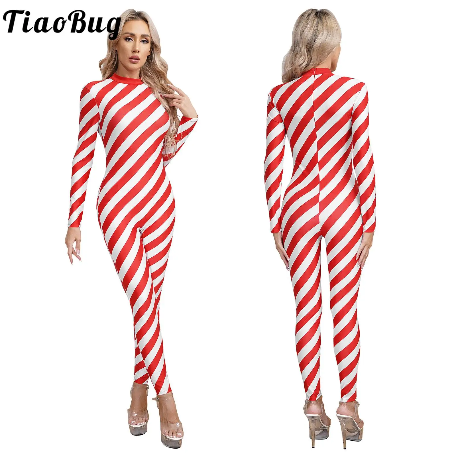 

Womens Christmas Candy Cane Bodysuit Long Sleeve Red Striped Jumpsuit Ballet Dance Gymnastics Leotard Xmas Party Stage Costume