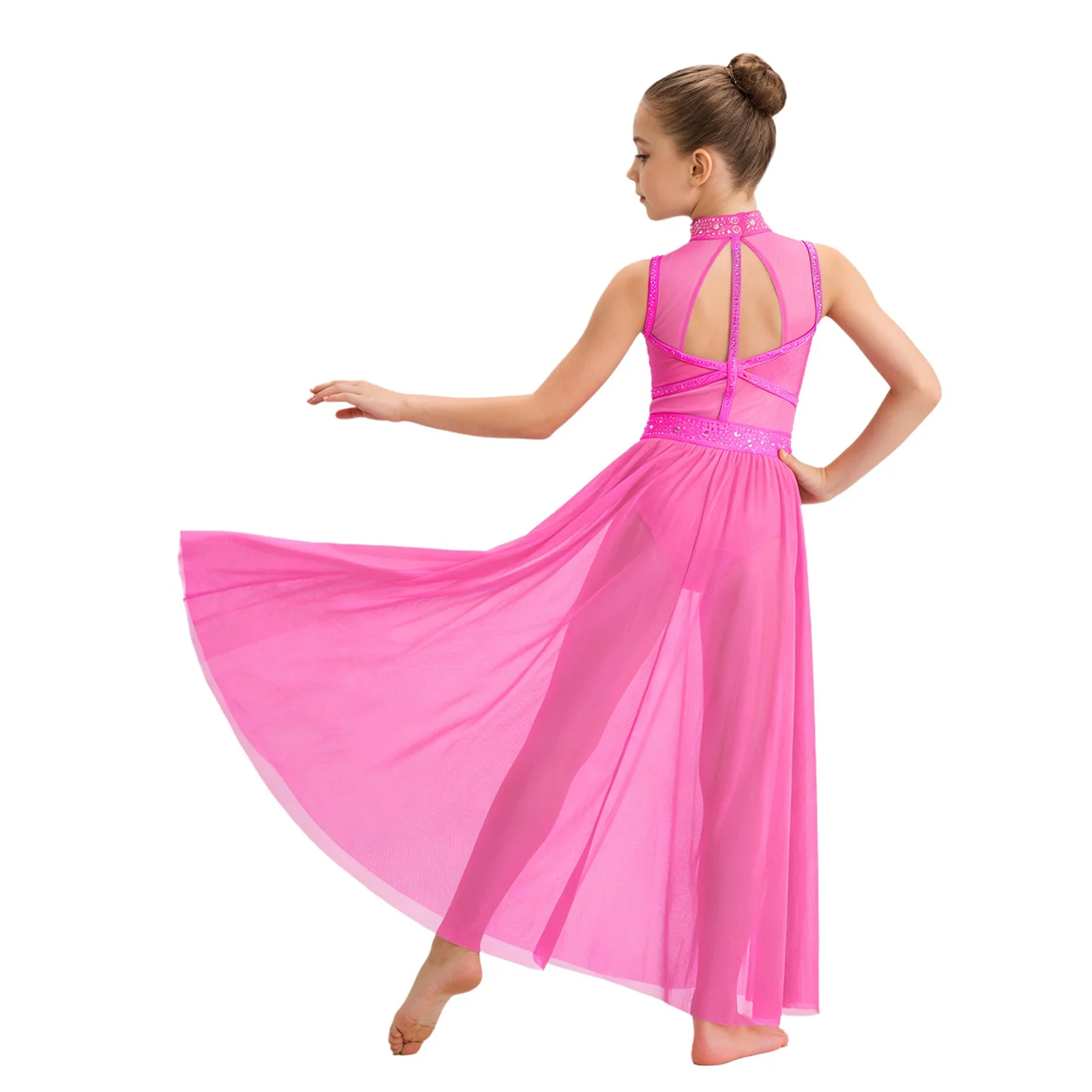 

Kids Girls Leotard Lyrical Dance Long Dress Sleeveless Rhinestones Split Mesh Leotards Ballet Figure Skating Performance Dresses