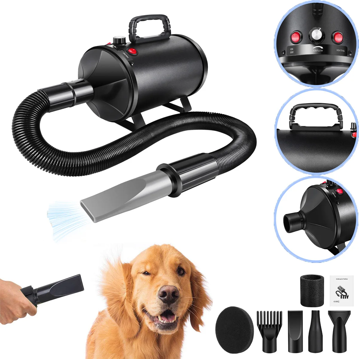 Dog Hair Dryer Professional 2800W Low Noise with 4 Nozzles & Extendable Hose Fur Blaster Grooming Dryers for Pets Cats Dogs