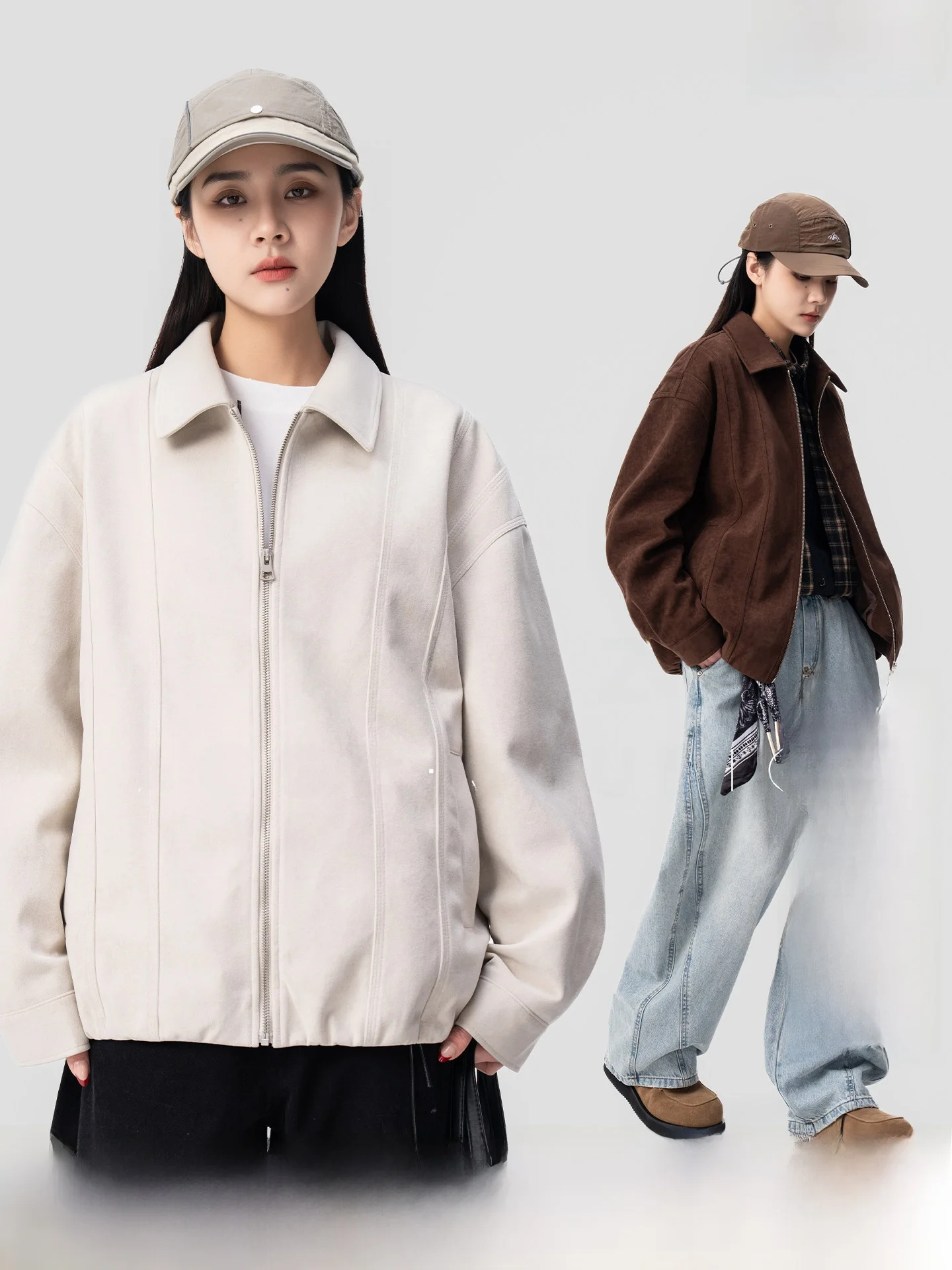 

AOGZ Suede Collar Jaet ex Spring Autumn Loose Outdoor Workwear Neutral Silhouette Faionable Brand Outdoor Sle