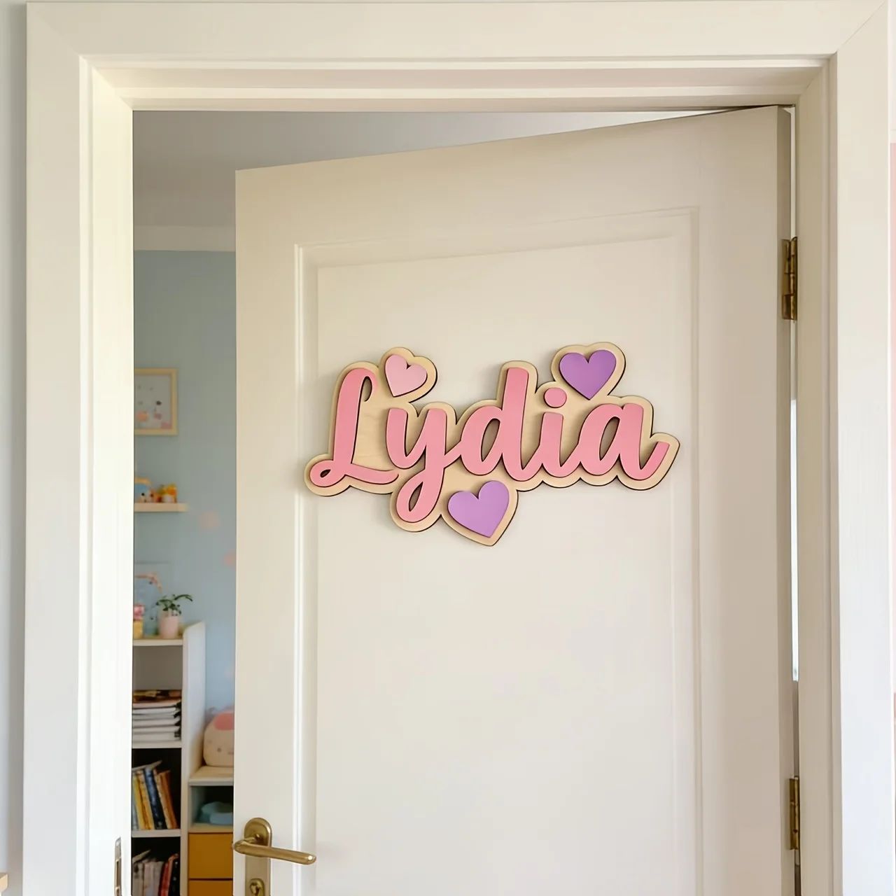 Personalized Gradient Heart Name Sign, Customizable Pink & Purple Door Plaque, Nursery Bedroom Decor, Sweet Hanging Gift - view 4