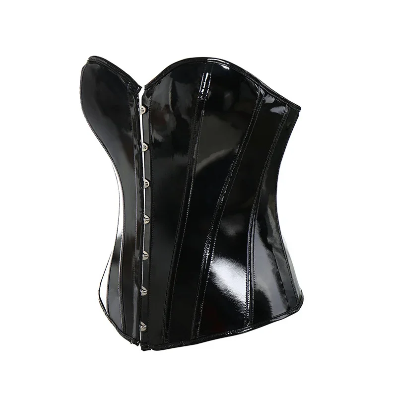 Women Shiny Black PVC Corset Top PU Leather Bustier Body Shaper Show Costume