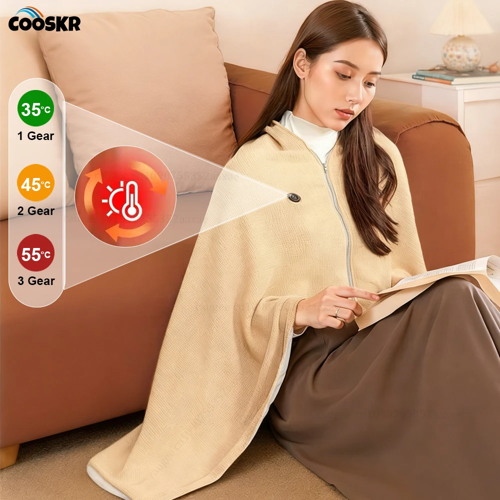 

Portable Shawl Heating Blanket Wearable Electric Heated Throw Blanket Washable with 3 Heating Levels Zipper Design 80X150cm