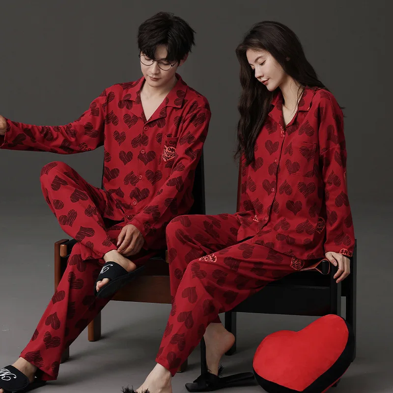 Red Color Cardigan Homewear for Lovers Women and Men Matching Homewear Big Size M-3XL Nightwear Couples Autumn Married Sleepwear