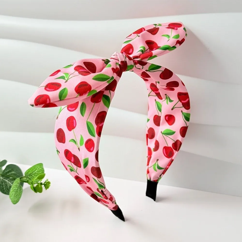 Elegant Multicolor Cherry Printed Headband Sweet Knotted Rabbit Ear Hairband Soft Bow Wide Edge Hair Hoop Makeup Use