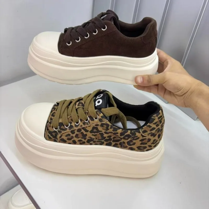 Women Leopard Print Platform Sneakers, Thick Sole Lace Up Round Toe Casual Shoes, Fashion Chunky Low Top Canvas Shoes view 5