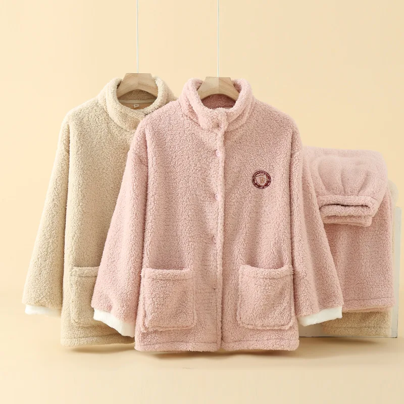 

Women's Pajamas Lamb Fleece Keep Warm Girl Autumn Winter Stand Collar Solid Color Thickened Wearable Outerwear Loose Homewear