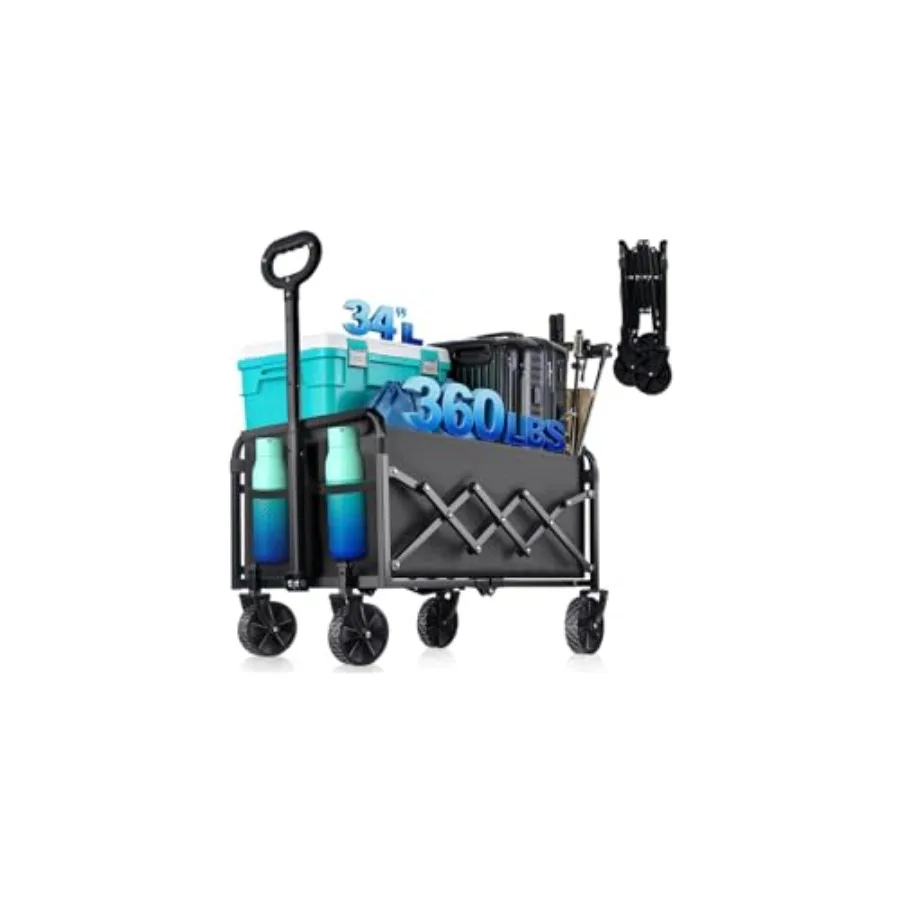 

360LBS Collapsible Wagon Cart with Wheels - Heavy Duty Folding Wagon Carts for Grocery, Lightweight Utility Wagon with All-Terr