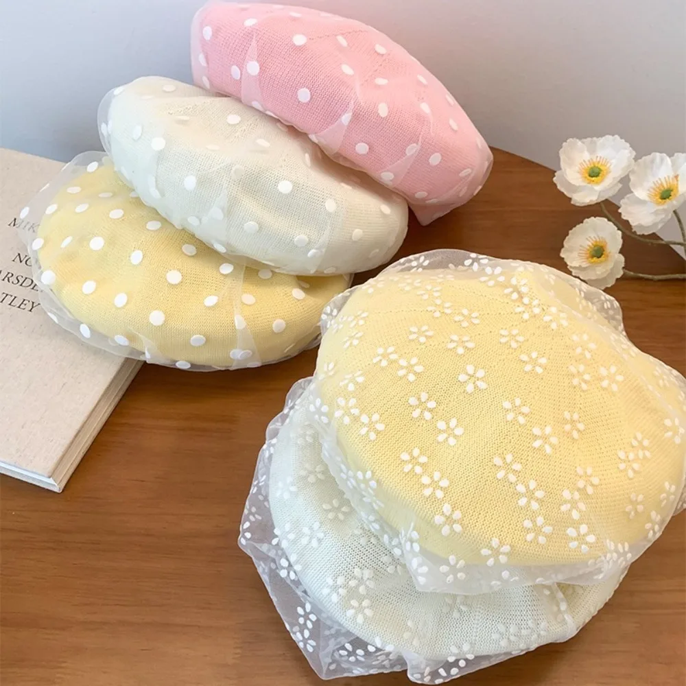 

Retro Korean Polka Dot Berets New Mesh Knit Painter Caps Casual Lace Beanie Cap Girls