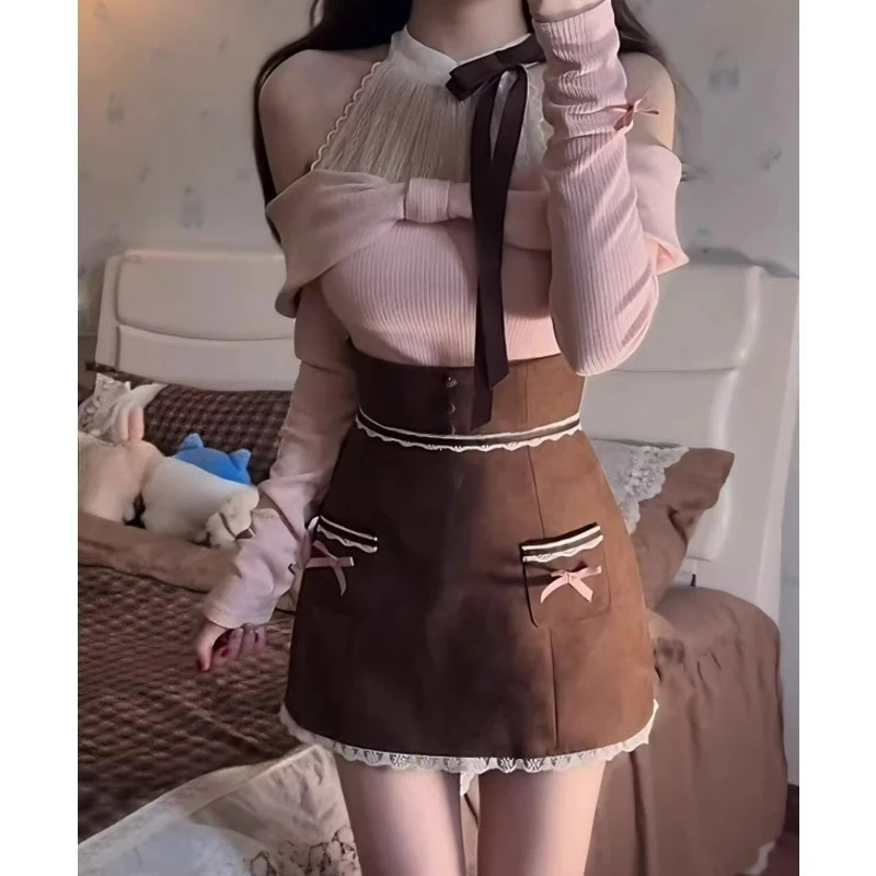 

Autumn Sweet Princess 2 Piece Set Women Vintage Y2k Ruffles Long Sleeve Sweater Top High Waist Mini Skirts Elegant Female Outfit