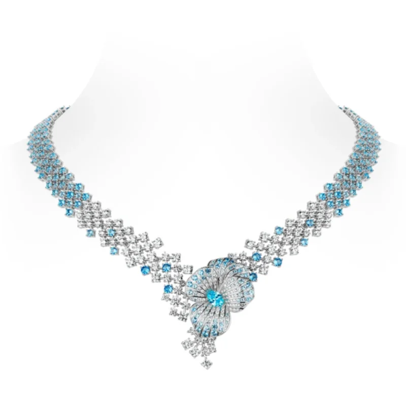 Bellux 925 Silver Synthetic Zircon Sapphire White Diamond Gradient Blue Flower Luxury Necklace Wedding Banquet Jewelry