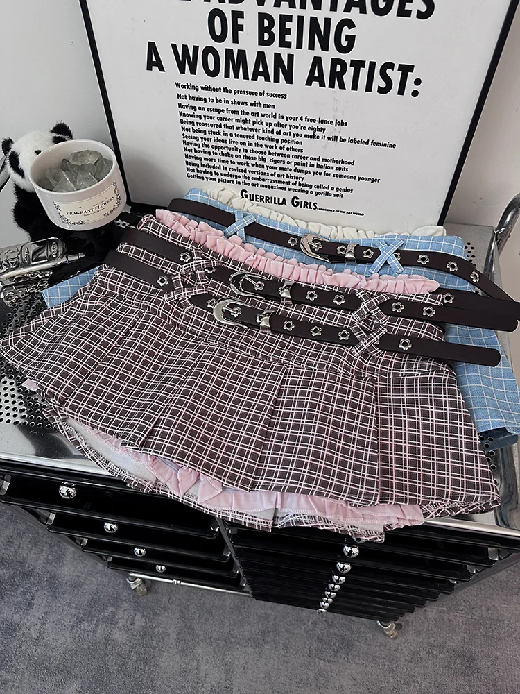 

Юбка А-силуэта с двойным поясом в клетку, женская, летняя, новая модель, стройнящая, приталенная, для молодежи, подростков, девушек, студенток