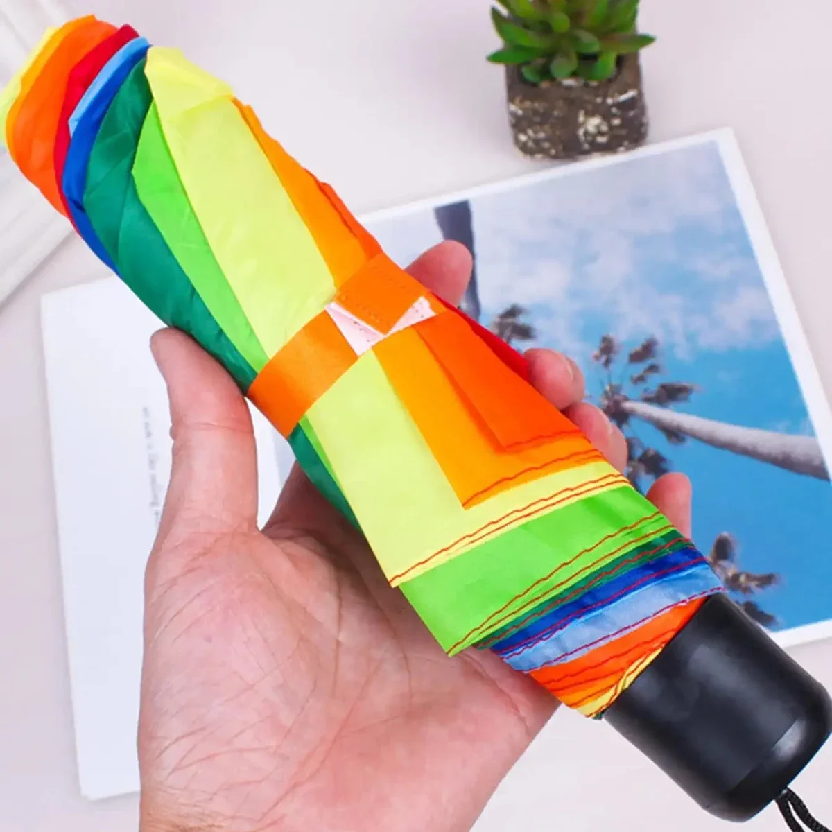 1pc - Rainbow Wonder - Portable Three- fold Umbrella with Short Handle,  Foldable Design for Effortless Style and Protection