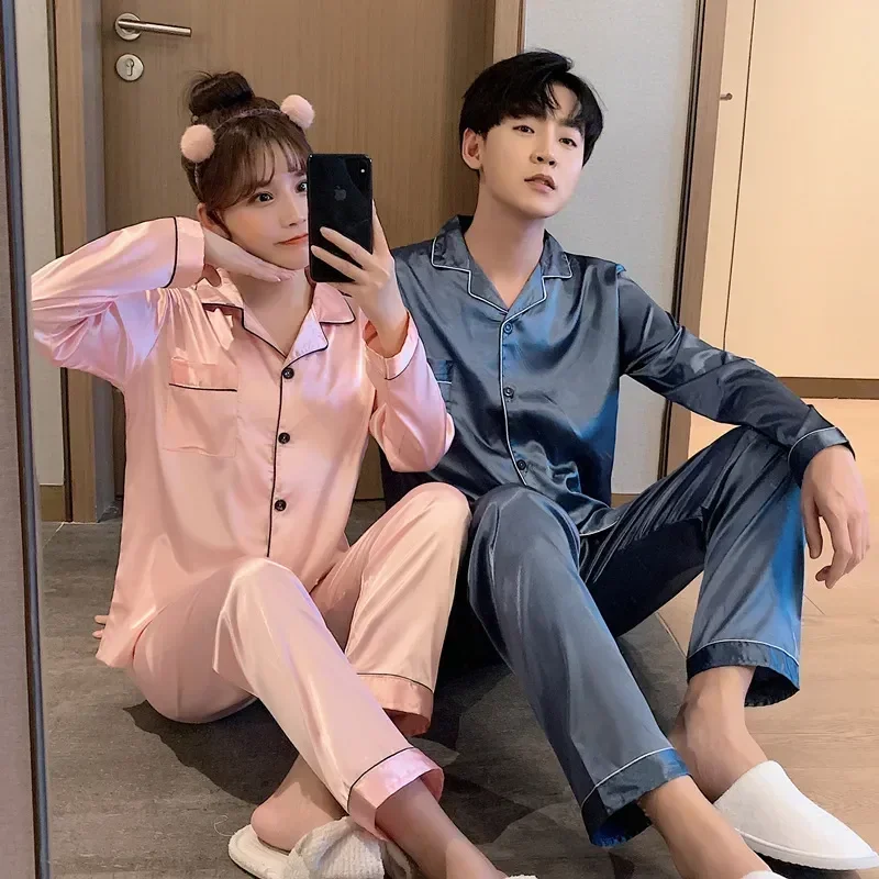 Домашняя однотонная домашняя одежда с длинными рукавами, пижамы для мужчин, шелковые женские цветные пижамы, атласные новые комплекты одежды для сна, пижама для пар, пижама