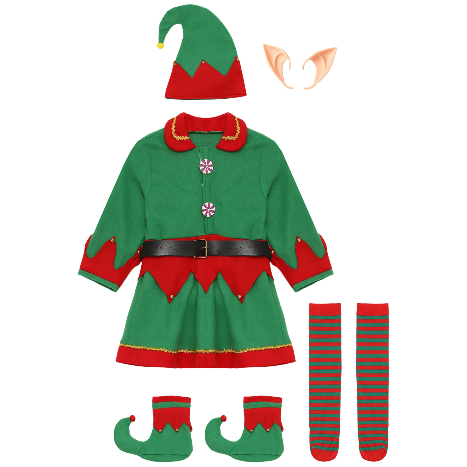 Girls Green Christmas Outfit Elf Xmas Role Play Costumes Dress with Hat Silicone Elf Ears Belt Stocks and Shoes Covers Set