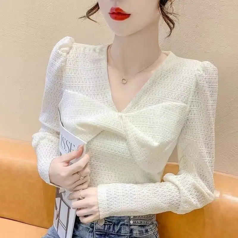 Elegant V-Neck Spliced Solid Color Bow Puff Sleeve Blouse Women\'s Clothing 2024 Spring New Loose Korean Tops Office Lady Shirts