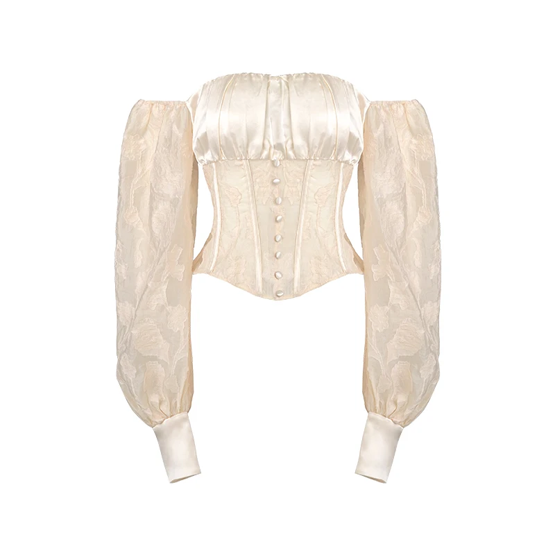 18081 # elegante abito da festa Eveing in pizzo con spalle scoperte Champagne 2 pezzi Top senza spalline con maniche a bolle separato dal vestito per le donne