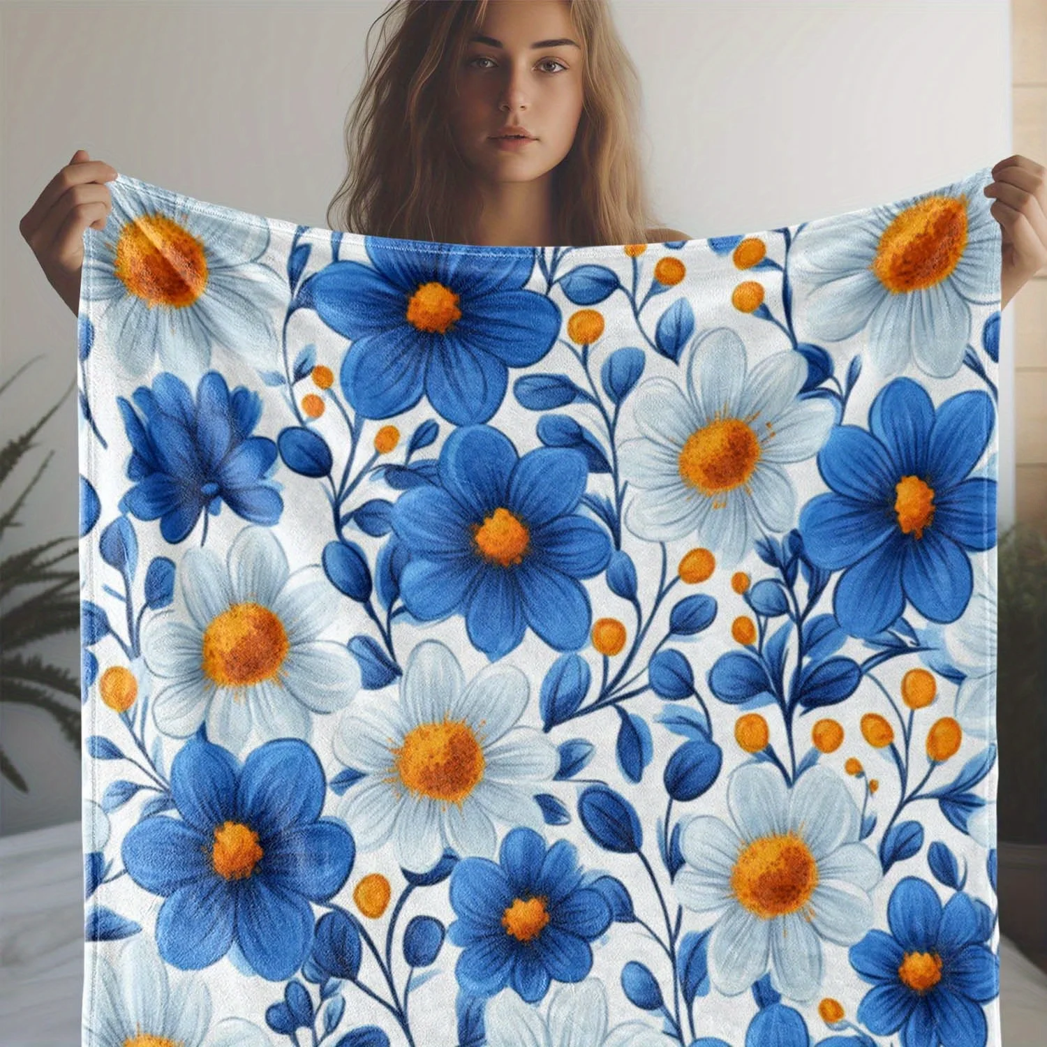 Cozy Floral Flannel Throw Blanket - Soft, Warm & Vibrant Blue and Yellow Daisy Print - Perfect for Sofa, Bed, Car, Office