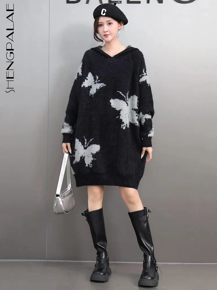 SHENGPALAE Casual Style Sweater Dress Women Chic Style Hooded Butterfly Design Thicken Warm Slim Spring New 2025 Dresses 5G544