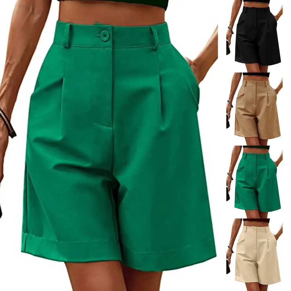 

Stylish High Waist Breathable Ladies Summer Knee Short Pants Trousers Solid Color Women Suit Shorts Daily Wear