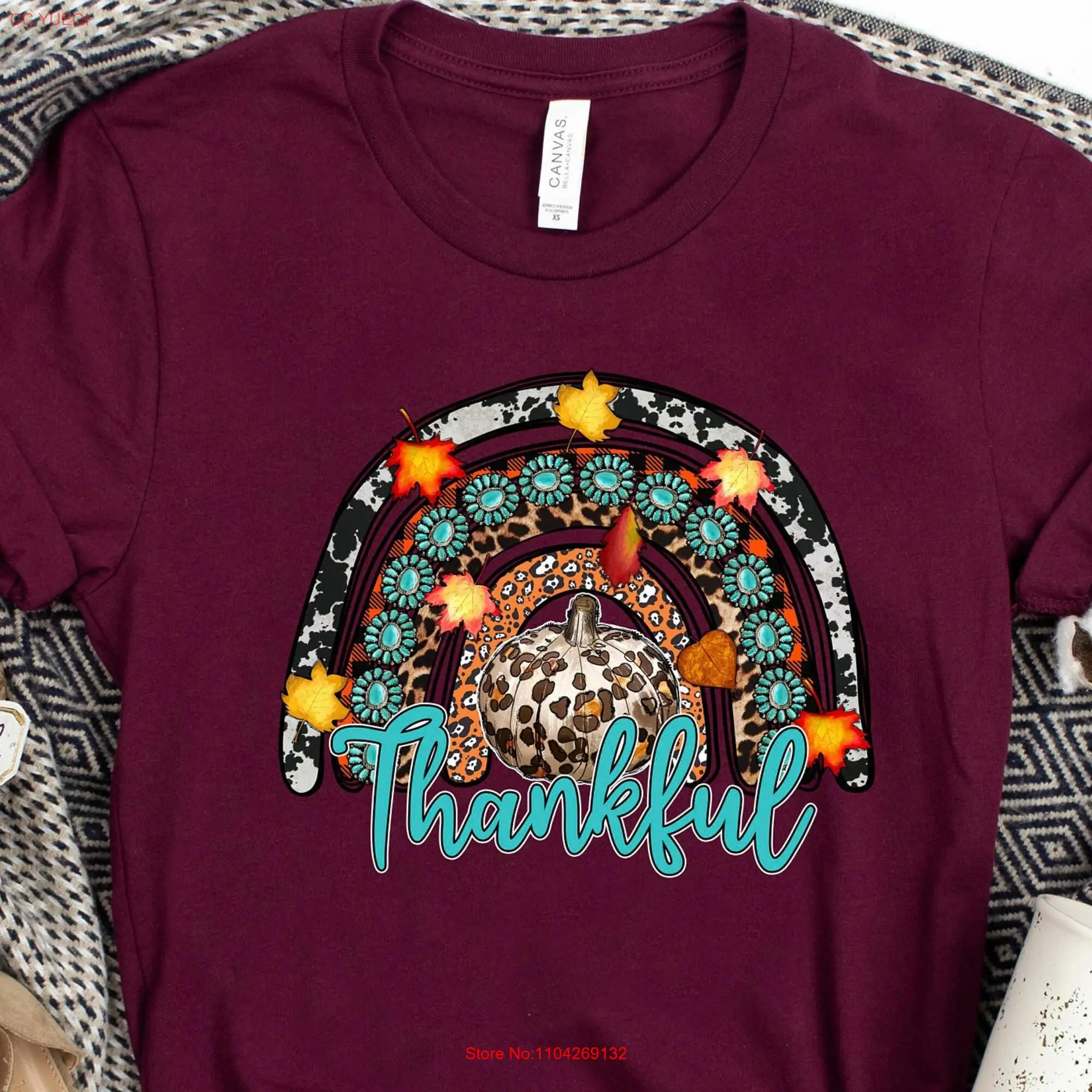 Thankful Rainbow T Shirt Fall Pumpkin Thanksgiving For Women tee long or short sleeves