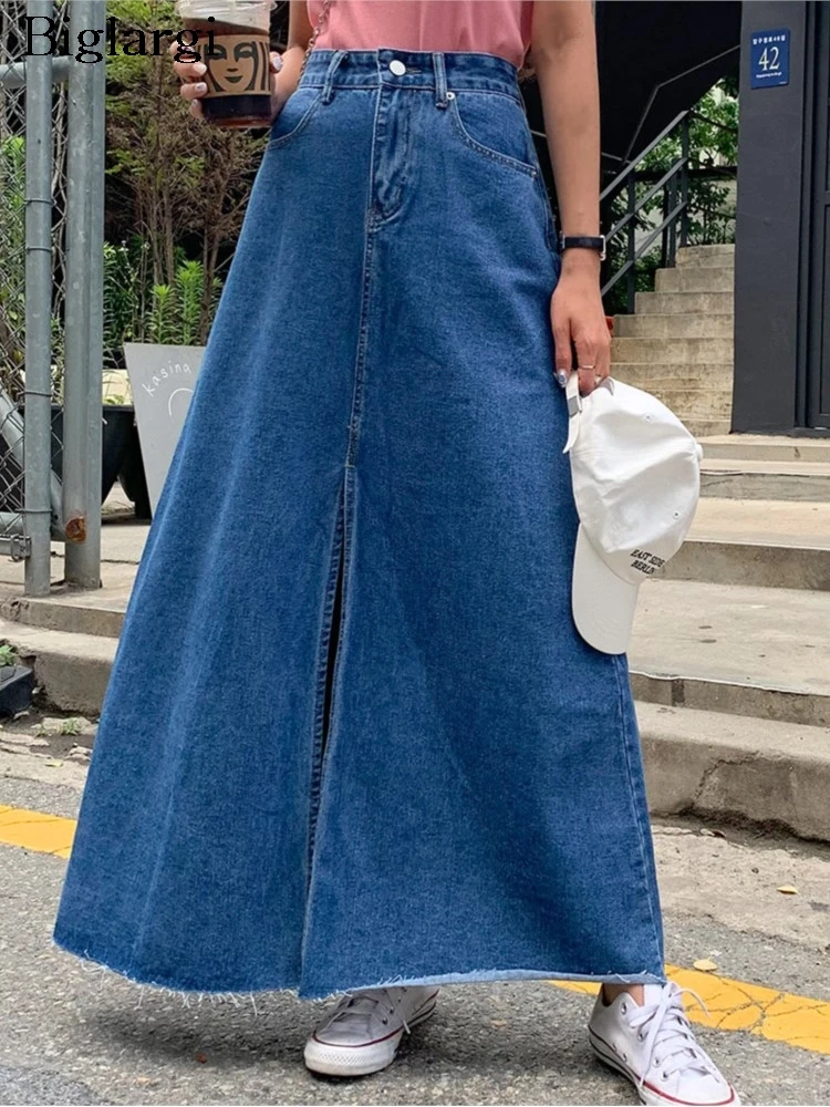 

Denim High Waist Summer Long Skirt Women Split Fashion Loose Ruffle Pleated Ladies Skirts Retro Korean Style Woman Skirts