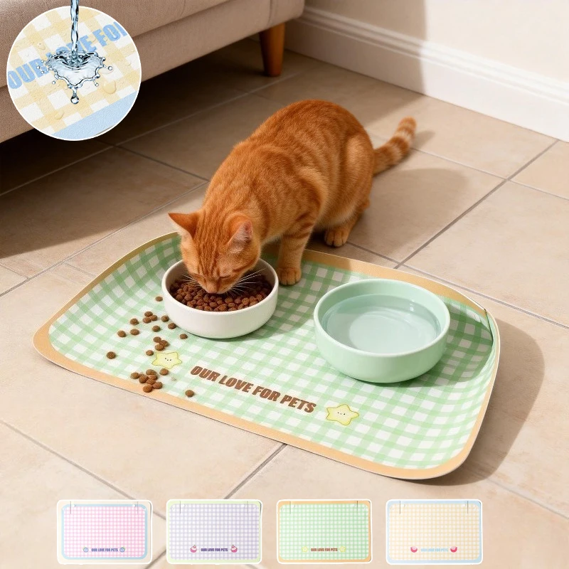 

PU Leather Pet Meal Mat High Border Splash Proof One Wash Clean Wear-resistant Pet Feeding Mat Waterproof and Stain Resistant