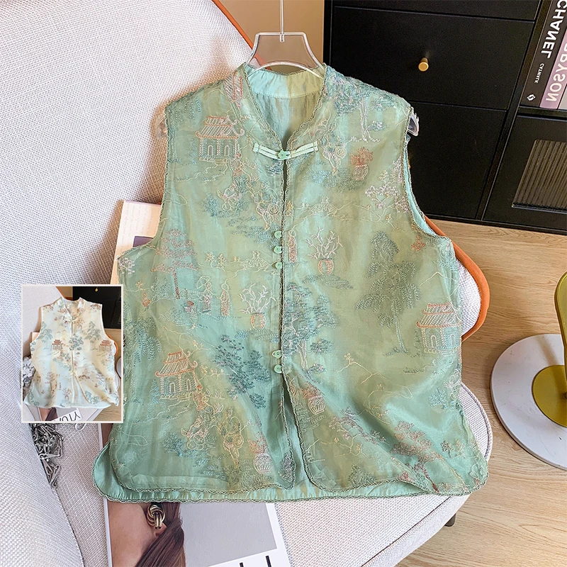 

Женский жилет с вышивкой Ele, тяжелый рабочий топ с воротником-стойкой и пуговицами, модная летняя верхняя одежда для поездок на работу