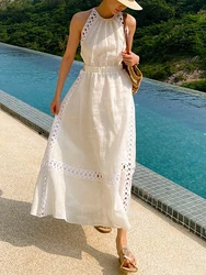 GypsyLady Elegant Summer Chic Maxi Dresse Halter Cotton Hollow Out Sleeveless Sexy Summer Women Vocation Casual Ladies Dress New