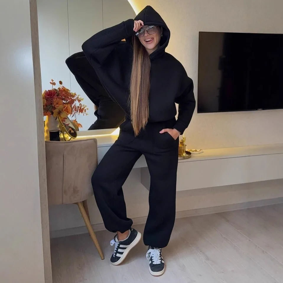 Set casual da donna ampio Felpa con cappuccio a maniche lunghe in puro colore Pantaloni elastici a gamba larga Set da due pezzi Comodo street style Polieste...