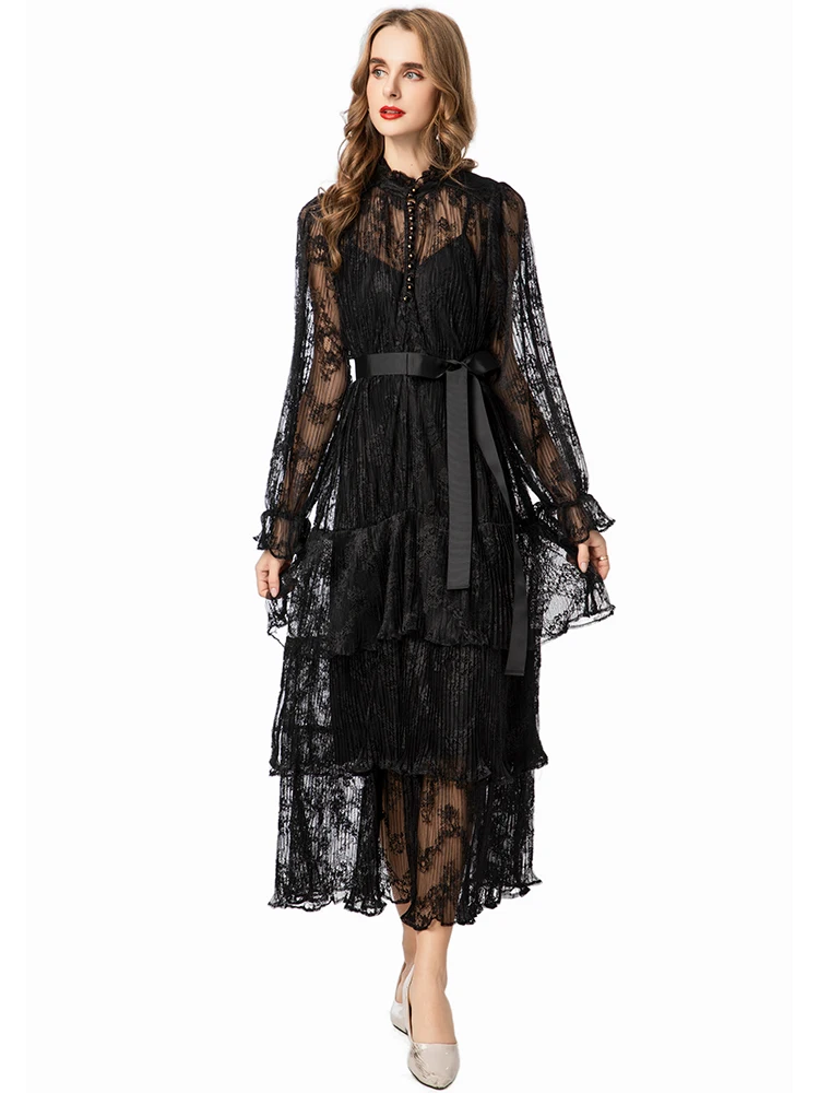 DSFACAIRI Vestido feminino de renda vintage, gola única, mangas largas, renda, babados, em camadas, moda outono