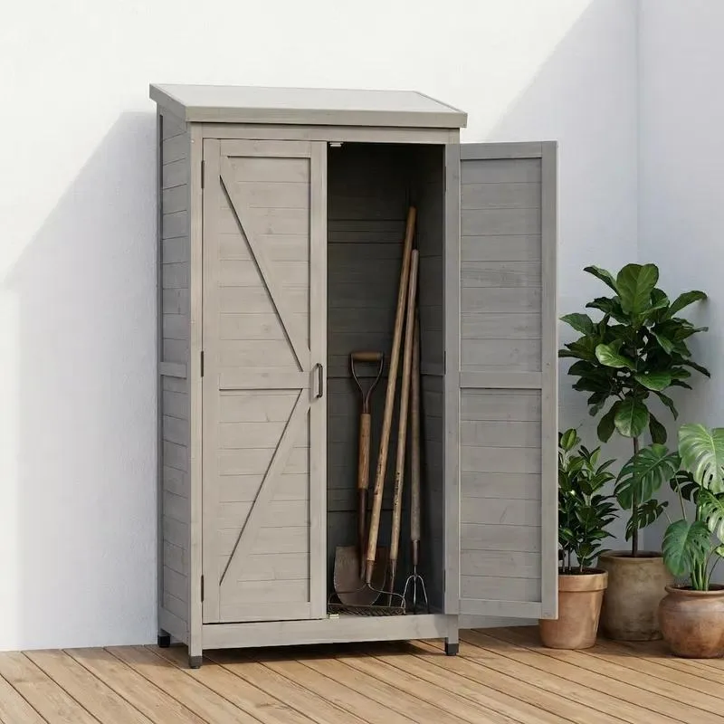 Outdoor Wooden Storage Shed Vertical Tool Cabinet with Metal Top
