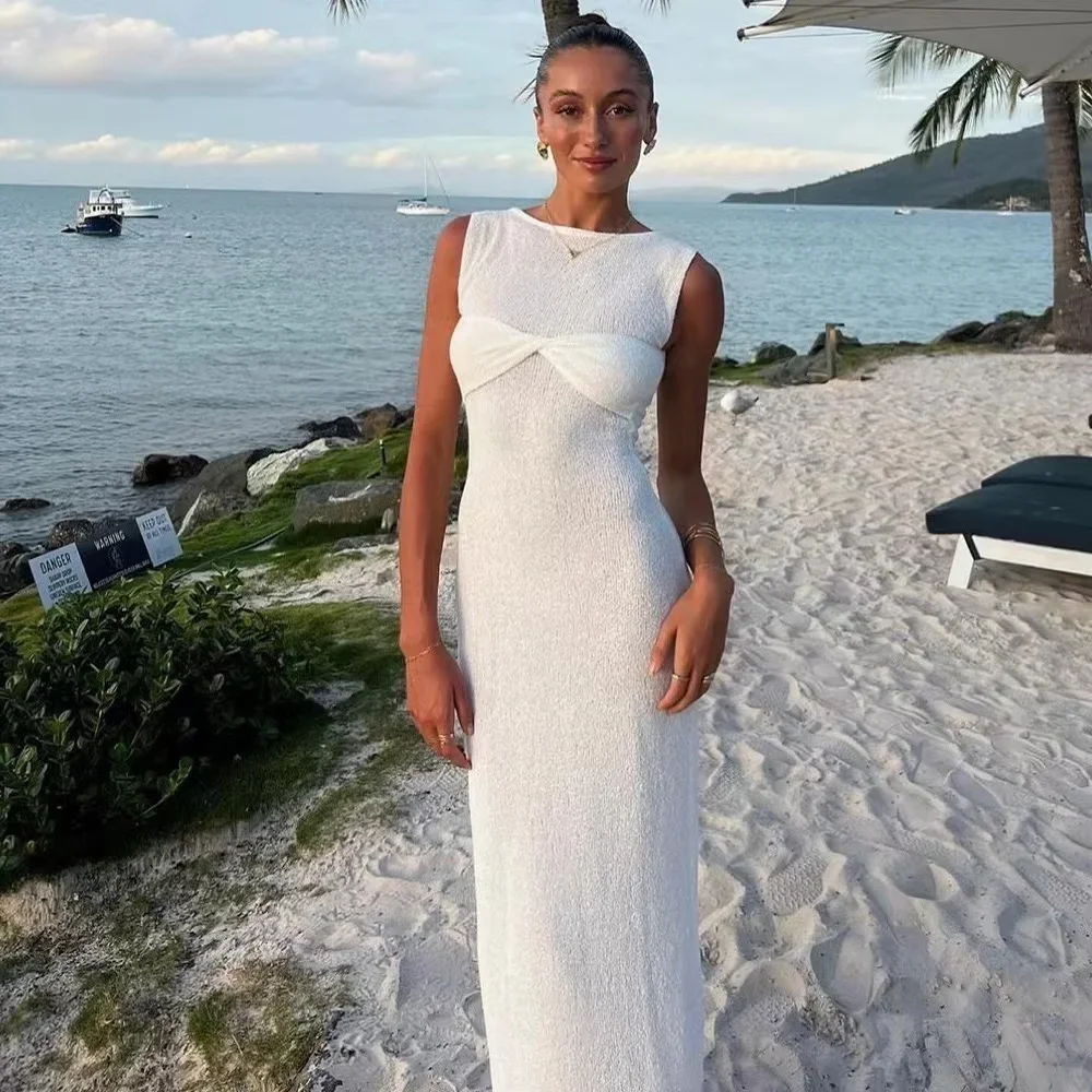 2024 Knitted Round Neck Ruched Women Maxi Dress Sleeveless See Through White Dress Female Summer Skinny Elegant Party Beachwear