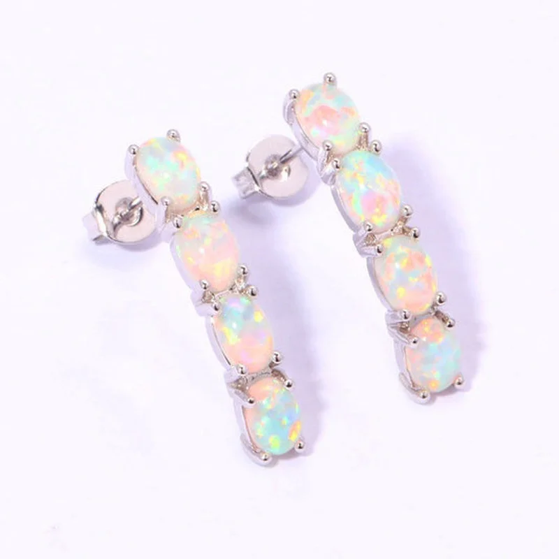 Fashion Extra Long Metal Inlaid Four Opal Earrings Ladies Personality Party Wedding Hook Drop Earrings