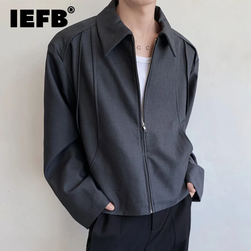 IEFB Gray Men\'s Jacket 2024 Autumn Winter New Fashion Solid Color Male Jacekts Zipper Lapel Front Fold Design Trend 9C7318