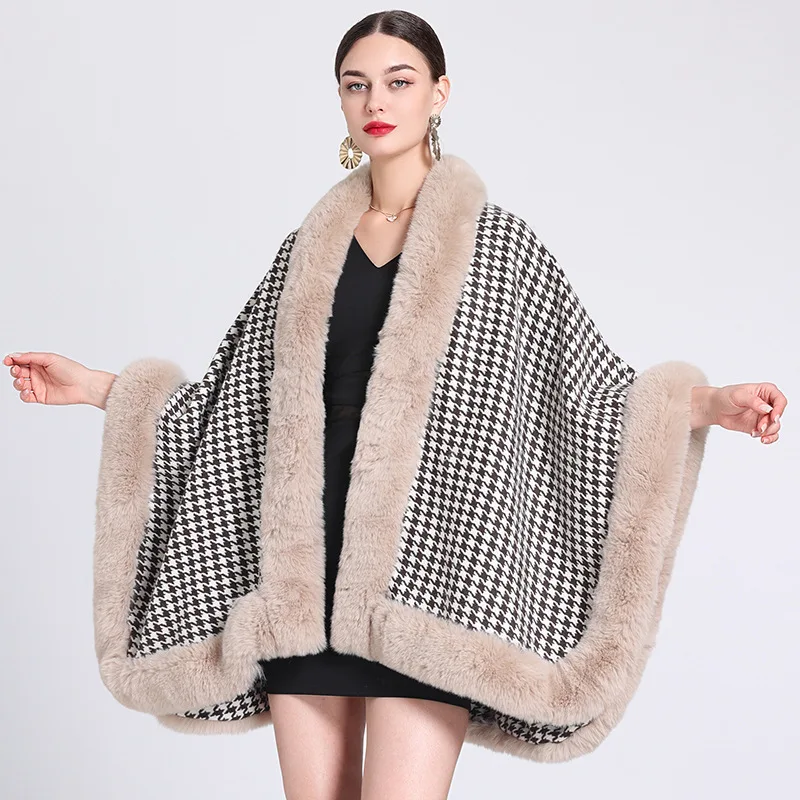 Fashion Full Trims Faux Fur Weave Houndstooth Cape Overcoat Big Thick Luxury Cloak Winter Women Coat Dress Mantle Wraps