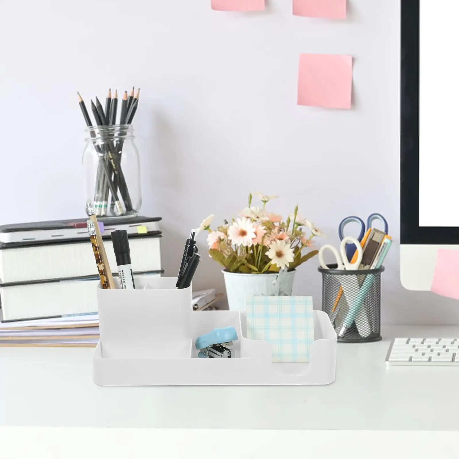 White Office Desk Organizer Note Storage Box Pen Holder Pencil Tray Manager Stationery Supplies Container Large Capacity Privacy