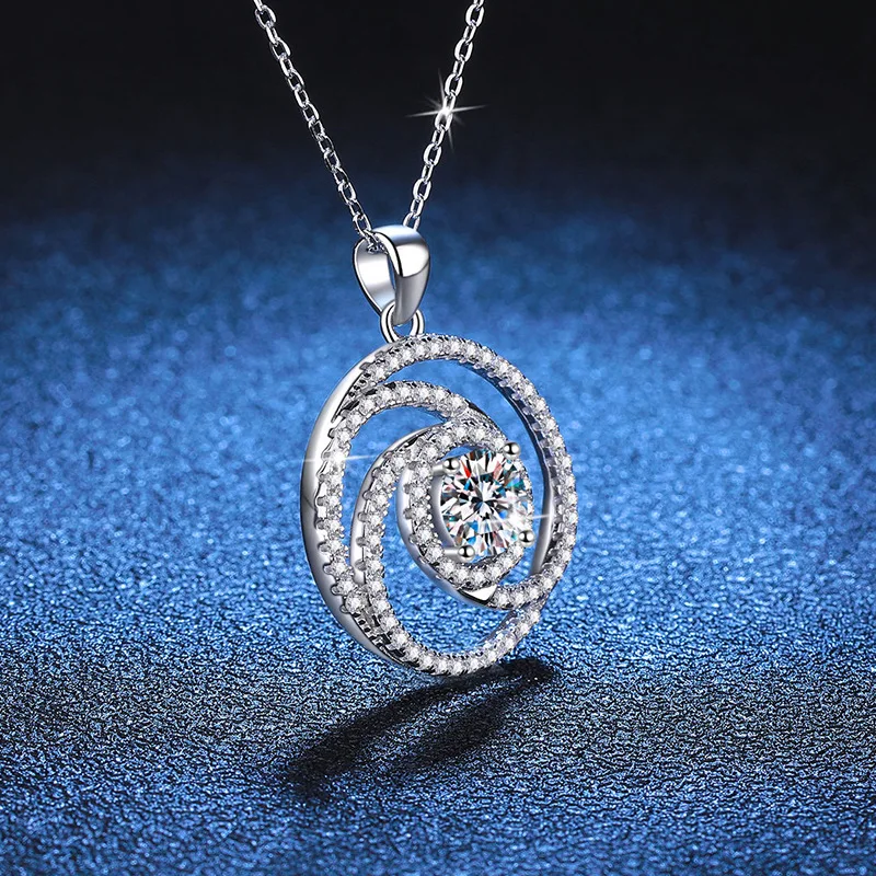 S925 Silver White Gold Plated 1CT D Color Moissanite Round Windmill Micro-Pave Pendant Necklace, Exquisite Jewelry.