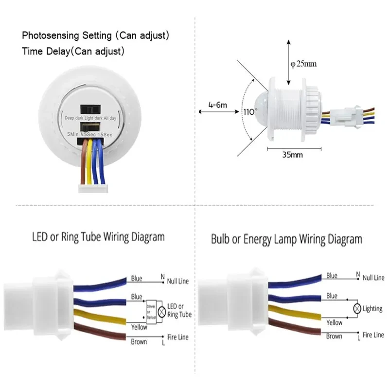 2PCS Przełączniki czujnika ruchu PIR Inteligentny automatyczny przełącznik światła 220V 110V Tryb czasowy Regulacja czujnika ruchu ludzkiego ciała na podczerwień